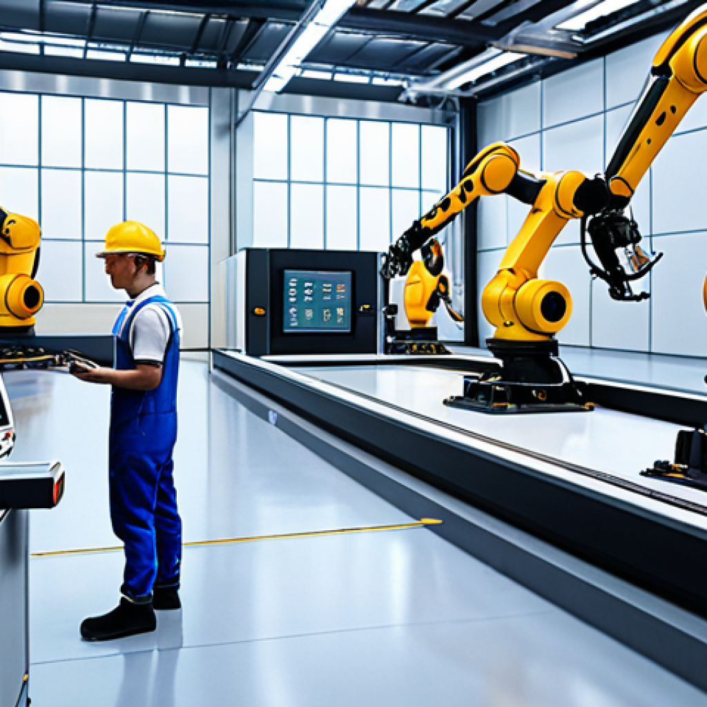** A futuristic factory scene. Visualize a clean, modern factory floor with robotic arms working precisely on a production line. In the background, a large HMI touch screen displays real-time data visualizations and control options. Show some workers monitoring the system with tablets, reflecting the IoT integration.

**
