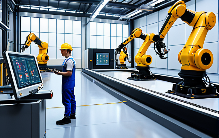 ** A futuristic factory scene. Visualize a clean, modern factory floor with robotic arms working precisely on a production line. In the background, a large HMI touch screen displays real-time data visualizations and control options. Show some workers monitoring the system with tablets, reflecting the IoT integration.
**