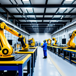 **

"A modern factory interior, showcasing automated robotic arms assembling electronics, fully clothed engineers monitoring the process, bright lighting, clean environment, safe for work, appropriate content, professional, perfect anatomy, correct proportions, natural pose, high quality, realistic."

**
