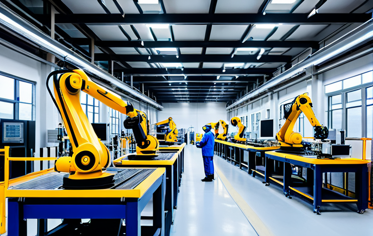 **
"A modern factory interior, showcasing automated robotic arms assembling electronics, fully clothed engineers monitoring the process, bright lighting, clean environment, safe for work, appropriate content, professional, perfect anatomy, correct proportions, natural pose, high quality, realistic."
**