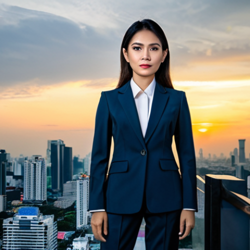 Home 19 **
A professional Thai businesswoman in a tailored business suit, standing in front of the Bangkok skyline at sunset, fully clothed, appropriate attire, safe for work, perfect anatomy, natural proportions, professional photography, high quality. The suit should be modest and stylish, reflecting modern Thai fashion.
**