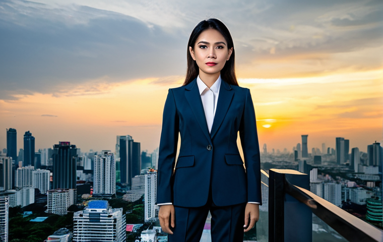**
A professional Thai businesswoman in a tailored business suit, standing in front of the Bangkok skyline at sunset, fully clothed, appropriate attire, safe for work, perfect anatomy, natural proportions, professional photography, high quality. The suit should be modest and stylish, reflecting modern Thai fashion.
**
