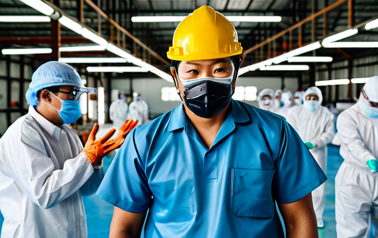 공장자동화 현장에서의 안전 규정 - **

"A Thai factory worker wearing a hard hat, safety glasses, and a reflective vest, inspecting mac...